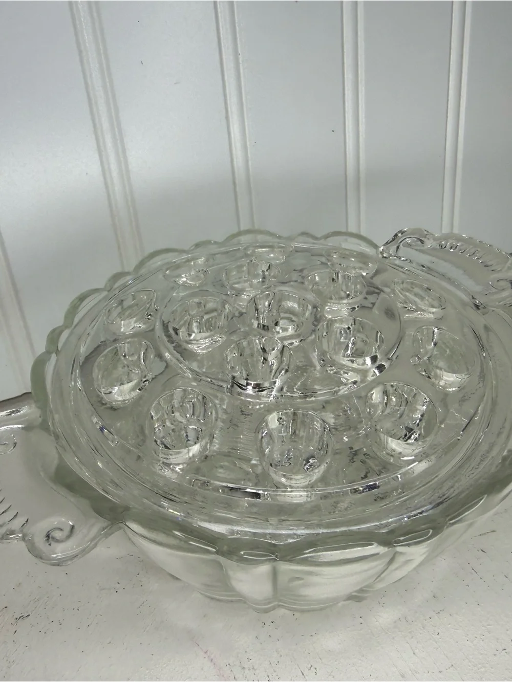 Vintage Anchor Hocking Old Cafe 16 hole clear glass Flower Frog bowl, circa 1930